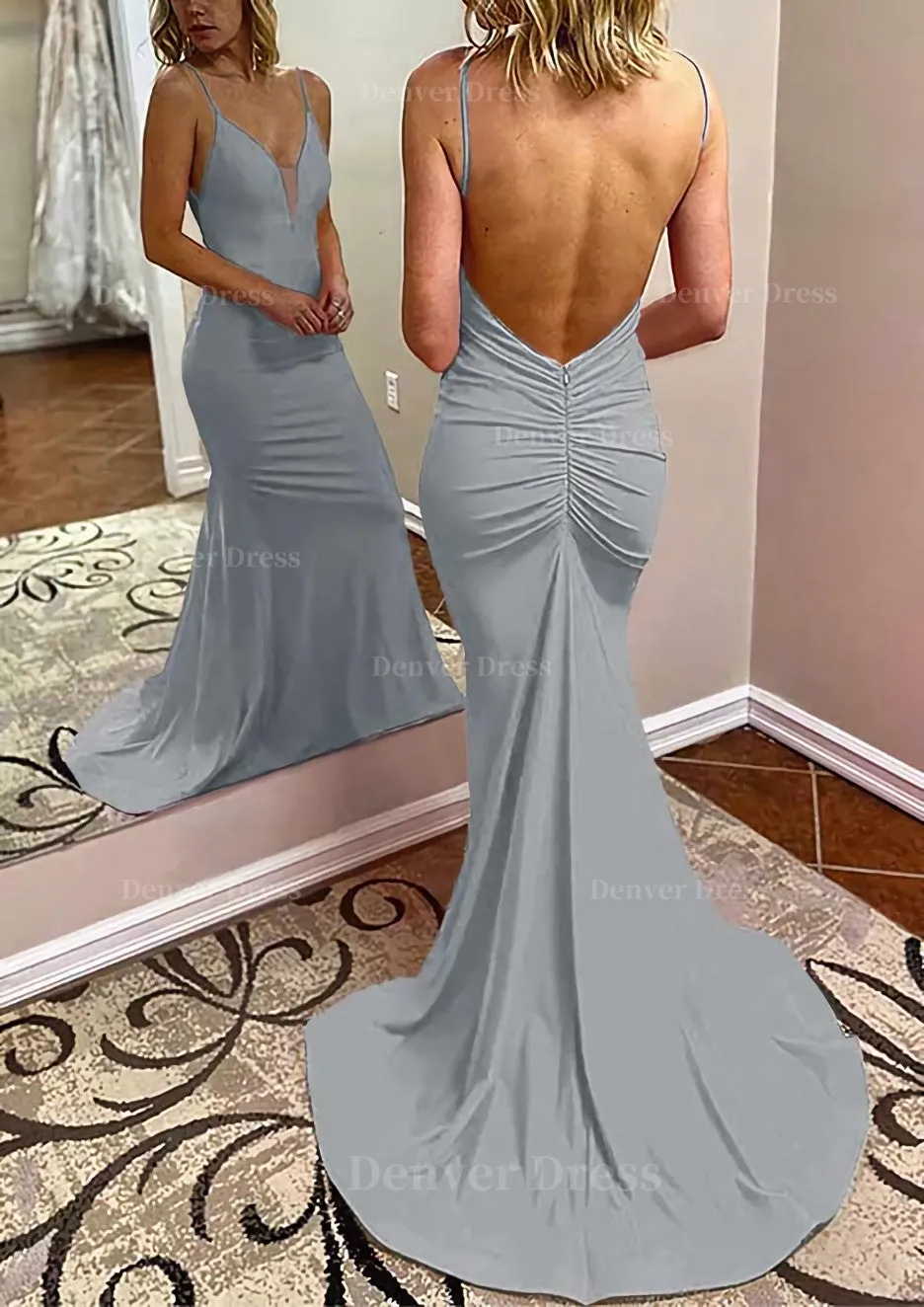 Trumpet/Mermaid V Neck Spaghetti Straps Court Train Jersey Prom Dress With Pleated