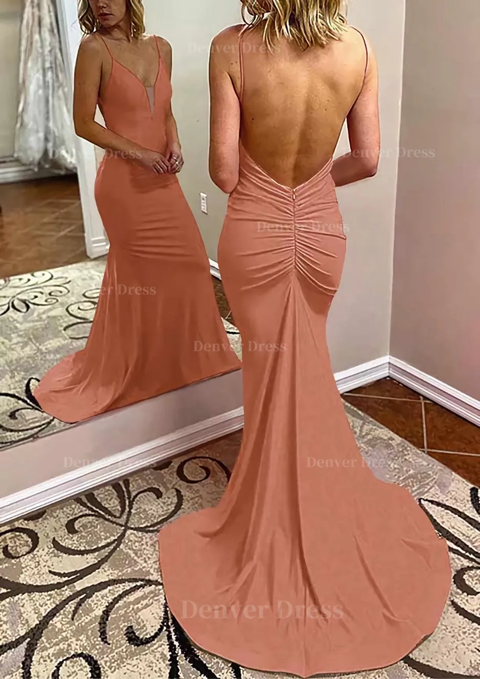 Trumpet/Mermaid V Neck Spaghetti Straps Court Train Jersey Prom Dress With Pleated