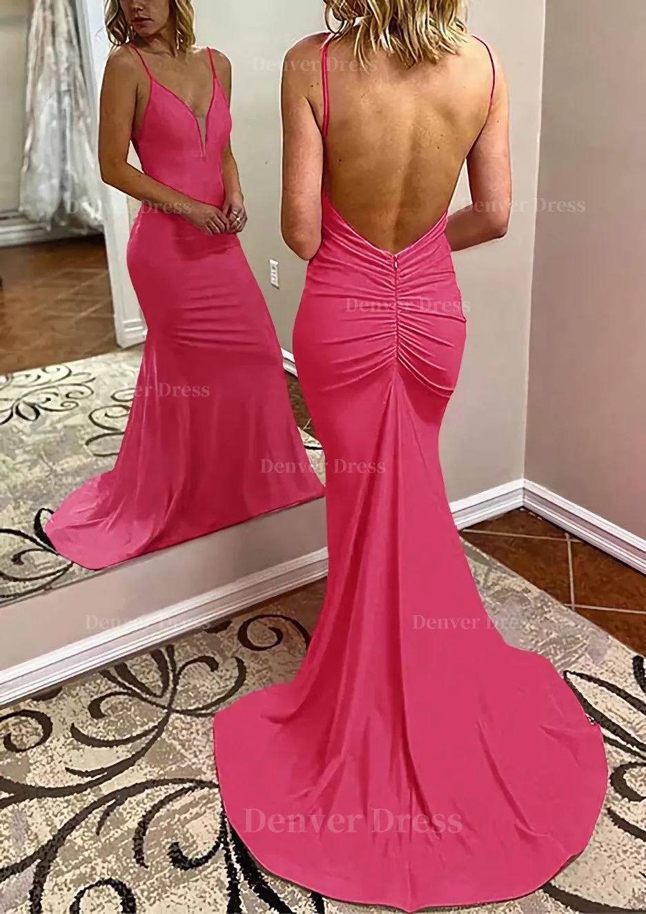 Trumpet/Mermaid V Neck Spaghetti Straps Court Train Jersey Prom Dress With Pleated