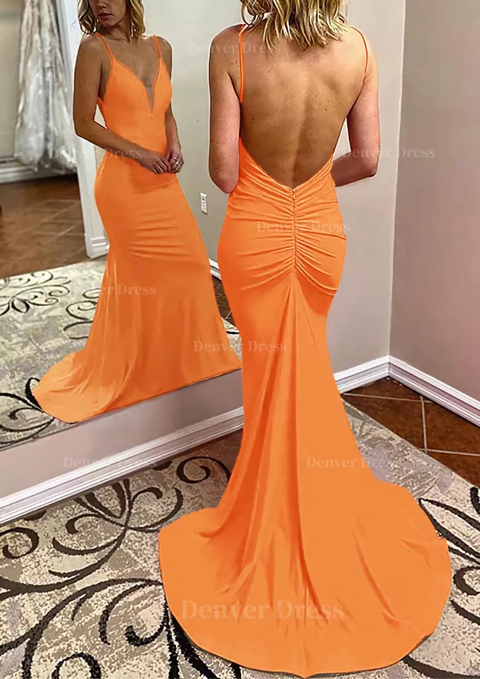 Trumpet/Mermaid V Neck Spaghetti Straps Court Train Jersey Prom Dress With Pleated