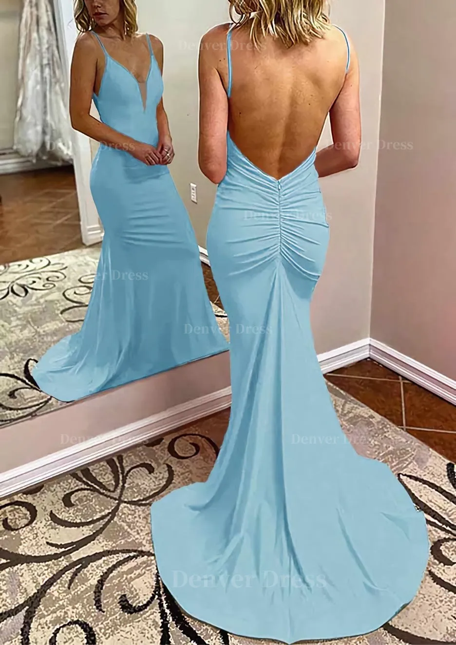 Trumpet/Mermaid V Neck Spaghetti Straps Court Train Jersey Prom Dress With Pleated