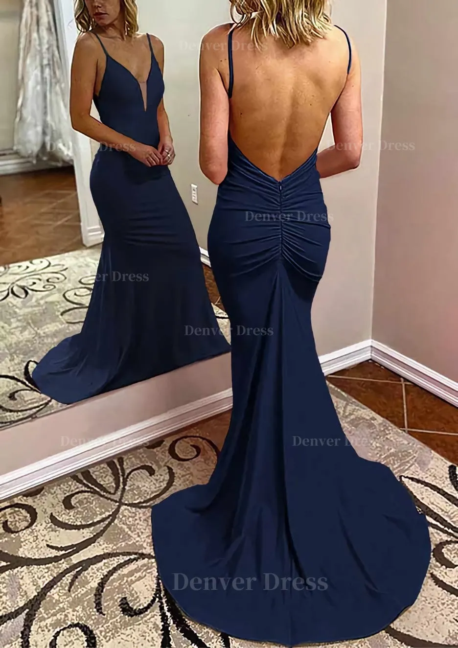 Trumpet/Mermaid V Neck Spaghetti Straps Court Train Jersey Prom Dress With Pleated