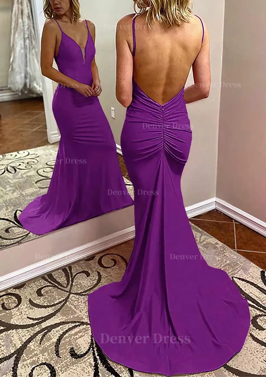 Trumpet/Mermaid V Neck Spaghetti Straps Court Train Jersey Prom Dress With Pleated