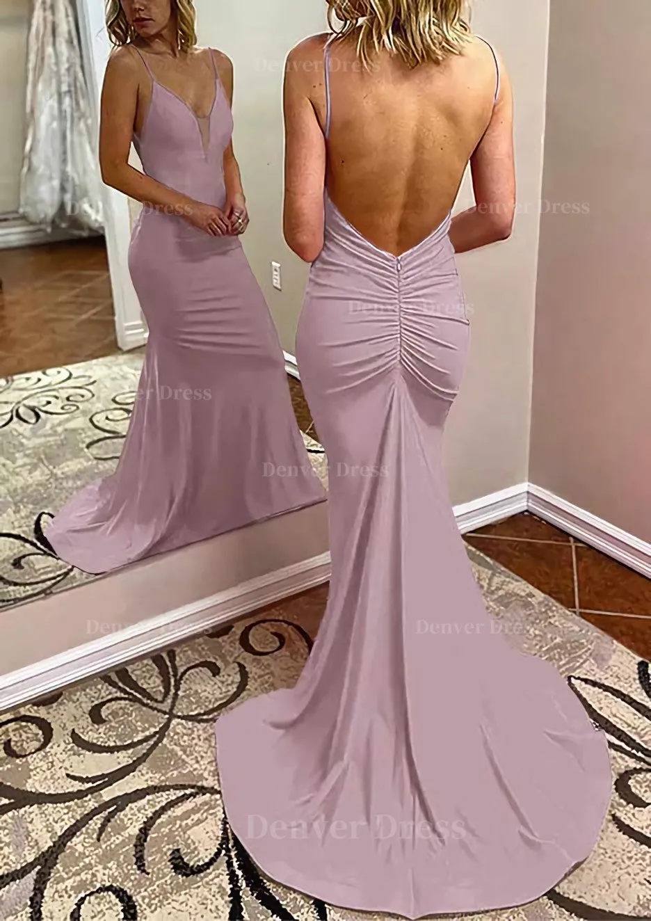 Trumpet/Mermaid V Neck Spaghetti Straps Court Train Jersey Prom Dress With Pleated