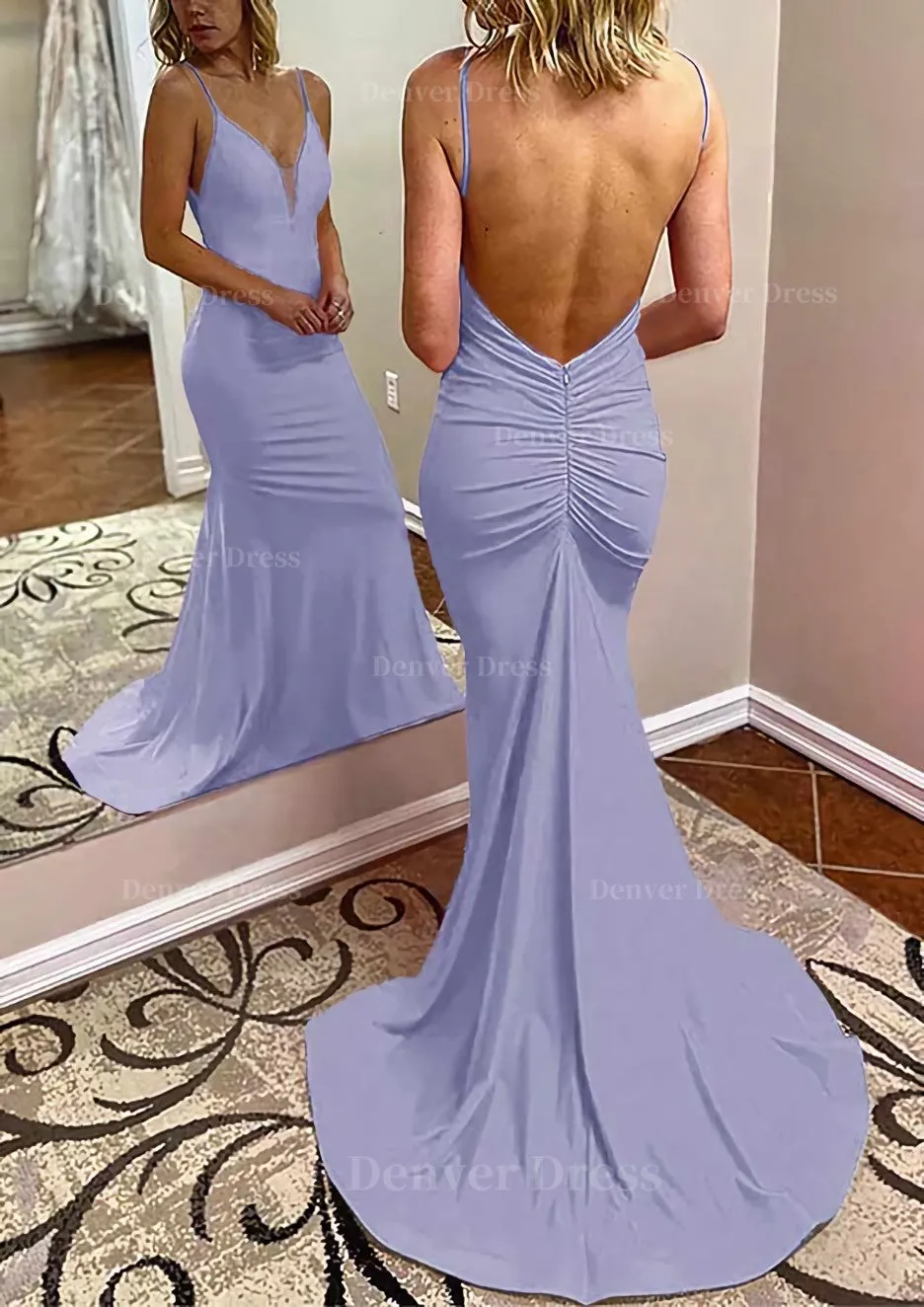 Trumpet/Mermaid V Neck Spaghetti Straps Court Train Jersey Prom Dress With Pleated