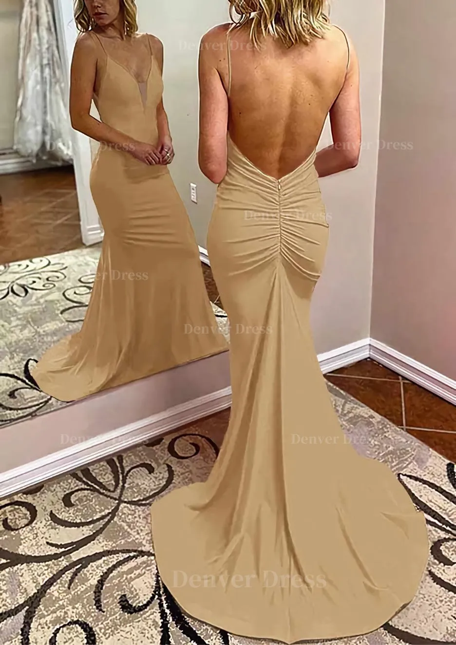 Trumpet/Mermaid V Neck Spaghetti Straps Court Train Jersey Prom Dress With Pleated