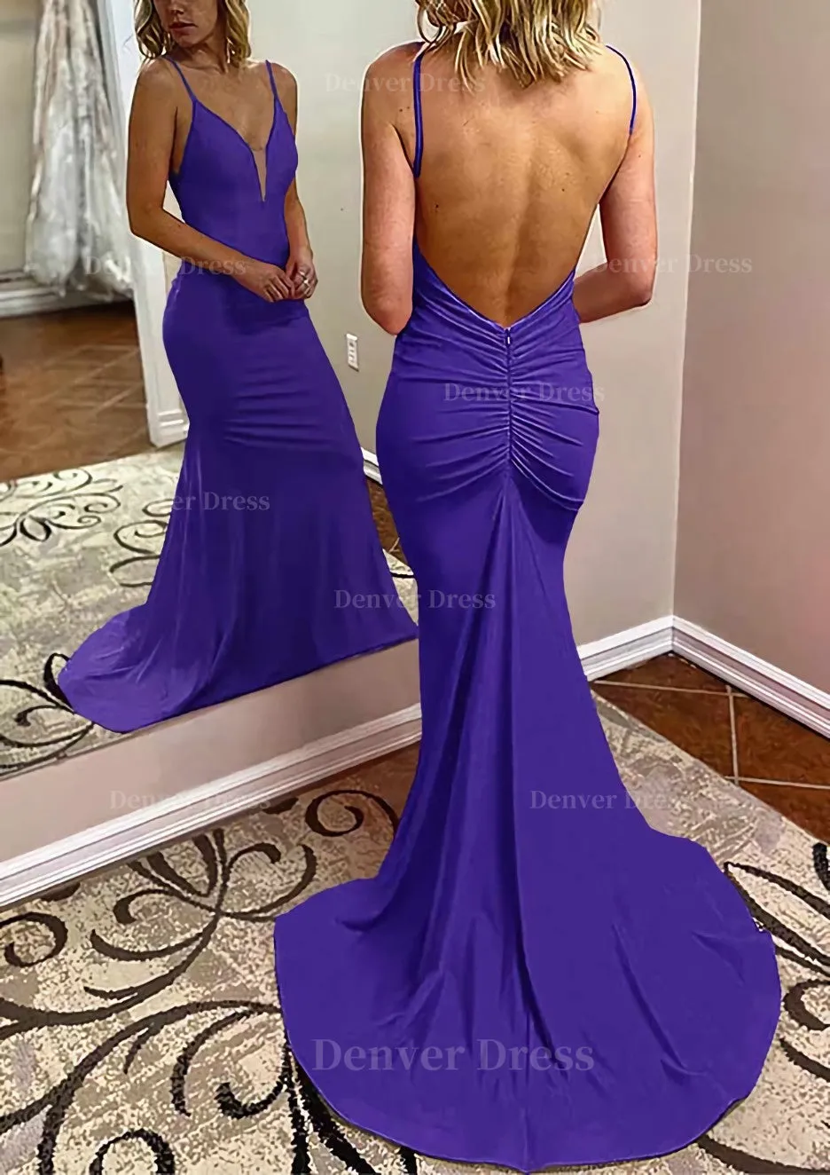 Trumpet/Mermaid V Neck Spaghetti Straps Court Train Jersey Prom Dress With Pleated