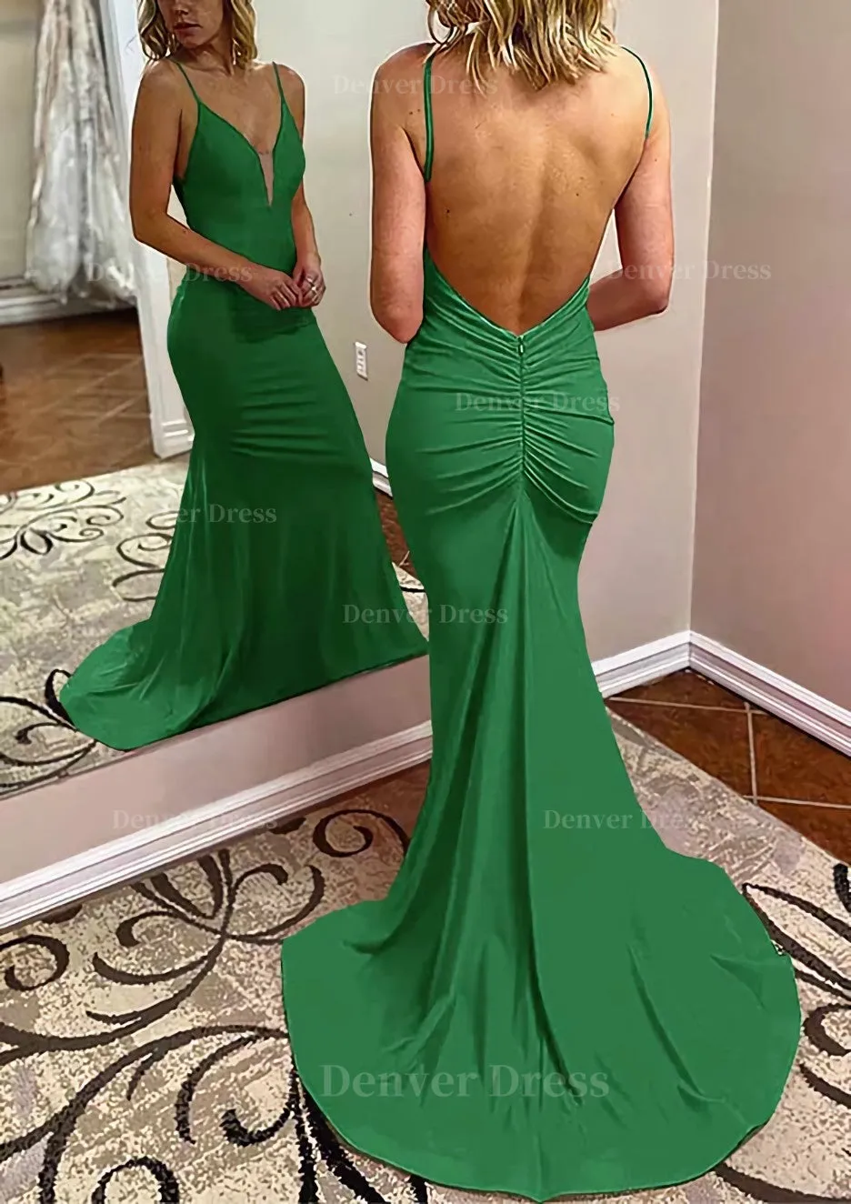 Trumpet/Mermaid V Neck Spaghetti Straps Court Train Jersey Prom Dress With Pleated