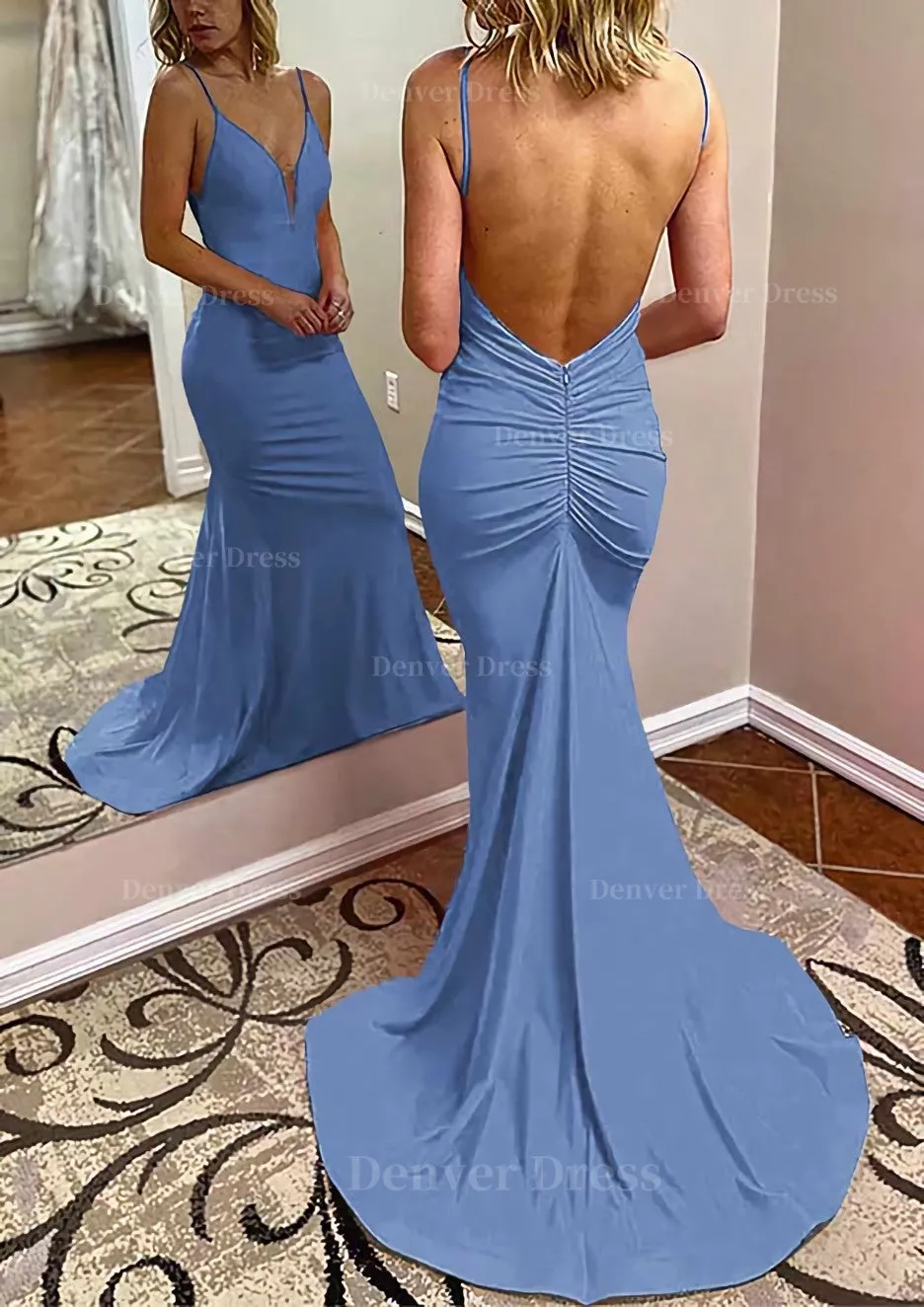 Trumpet/Mermaid V Neck Spaghetti Straps Court Train Jersey Prom Dress With Pleated