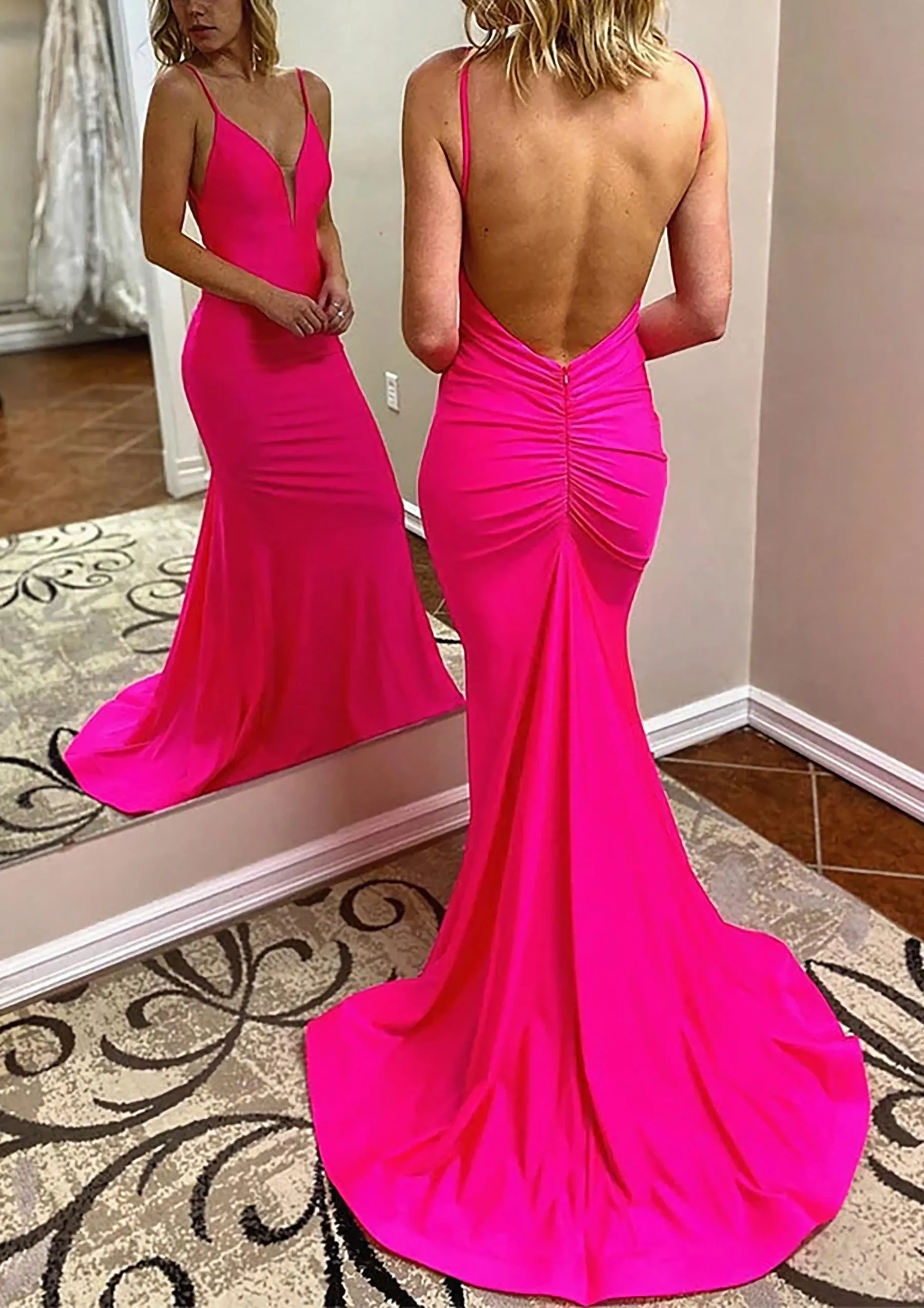 Trumpet/Mermaid V Neck Spaghetti Straps Court Train Jersey Prom Dress With Pleated