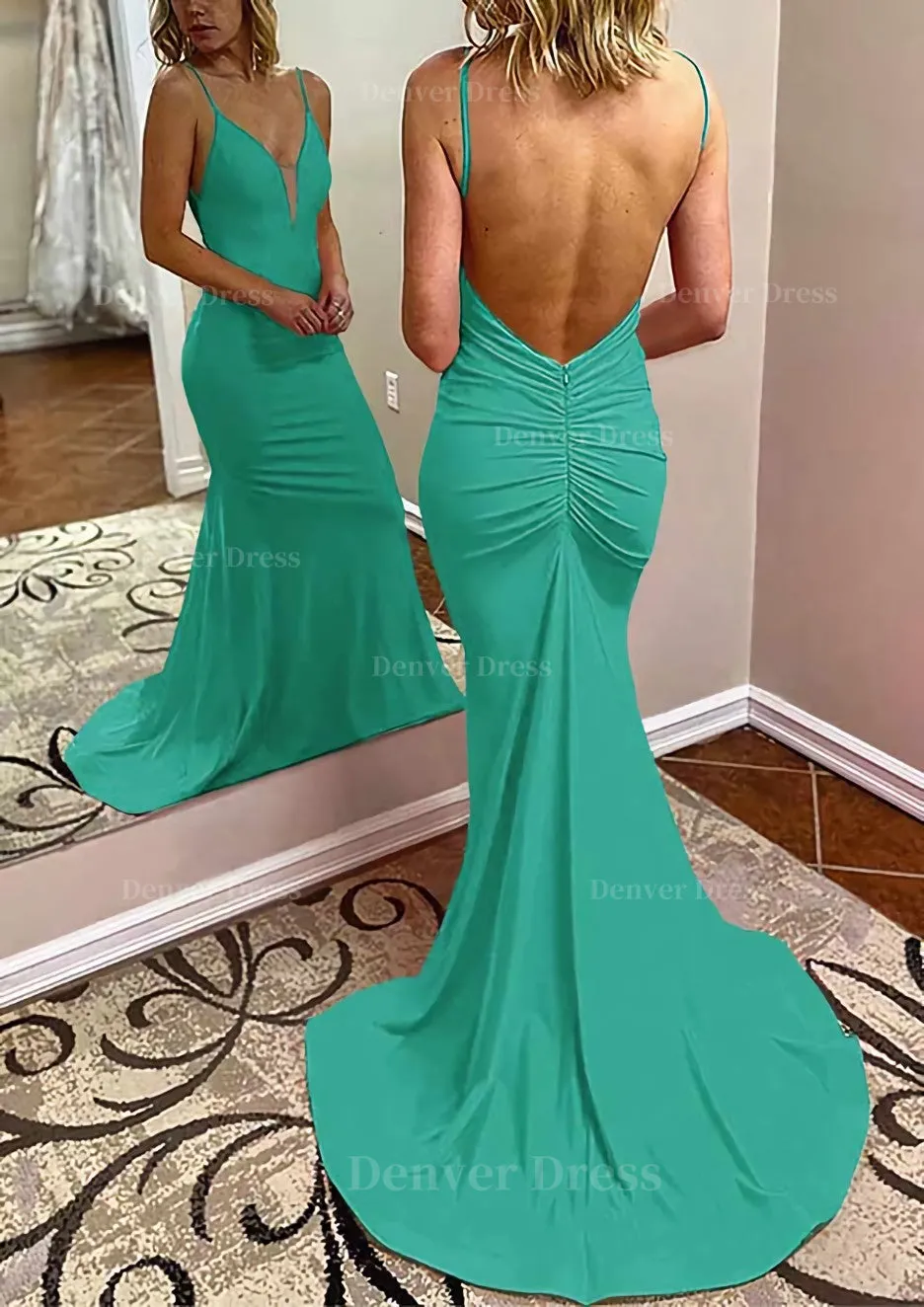 Trumpet/Mermaid V Neck Spaghetti Straps Court Train Jersey Prom Dress With Pleated