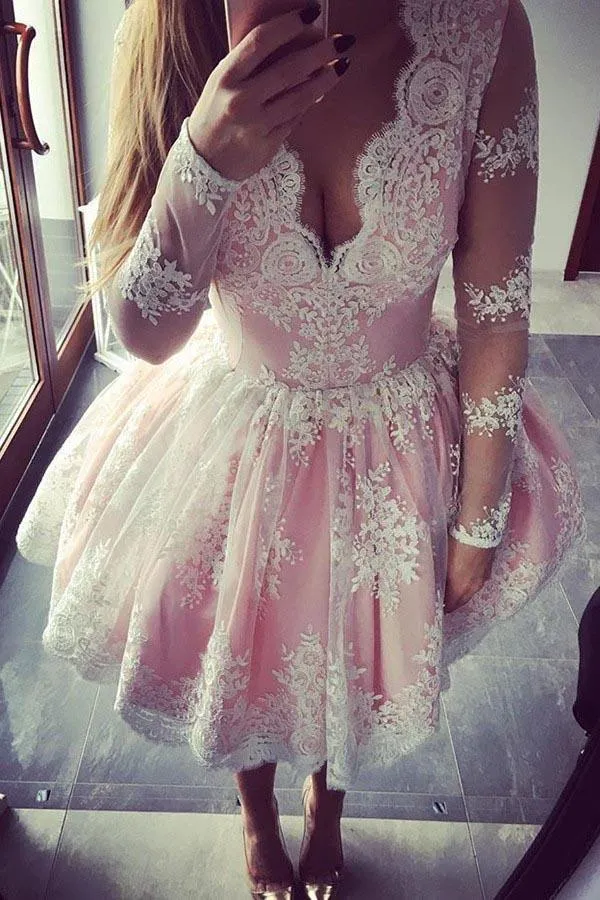 V-Neck Long Sleeves Short Pink Tulle Homecoming Dress with Appliques  PG160