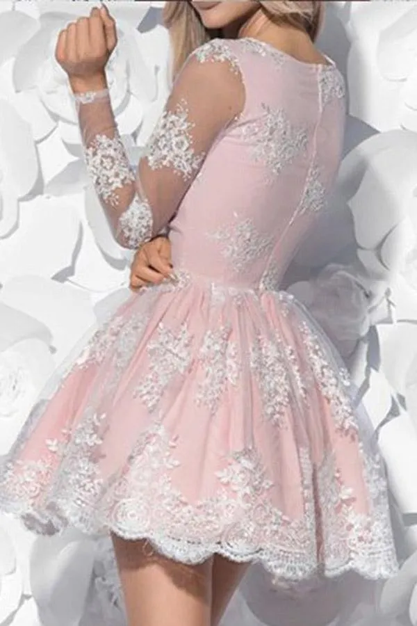 V-Neck Long Sleeves Short Pink Tulle Homecoming Dress with Appliques  PG160