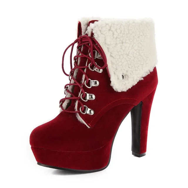 Vintage Warm Fur High Heels Ankle Boots Winter