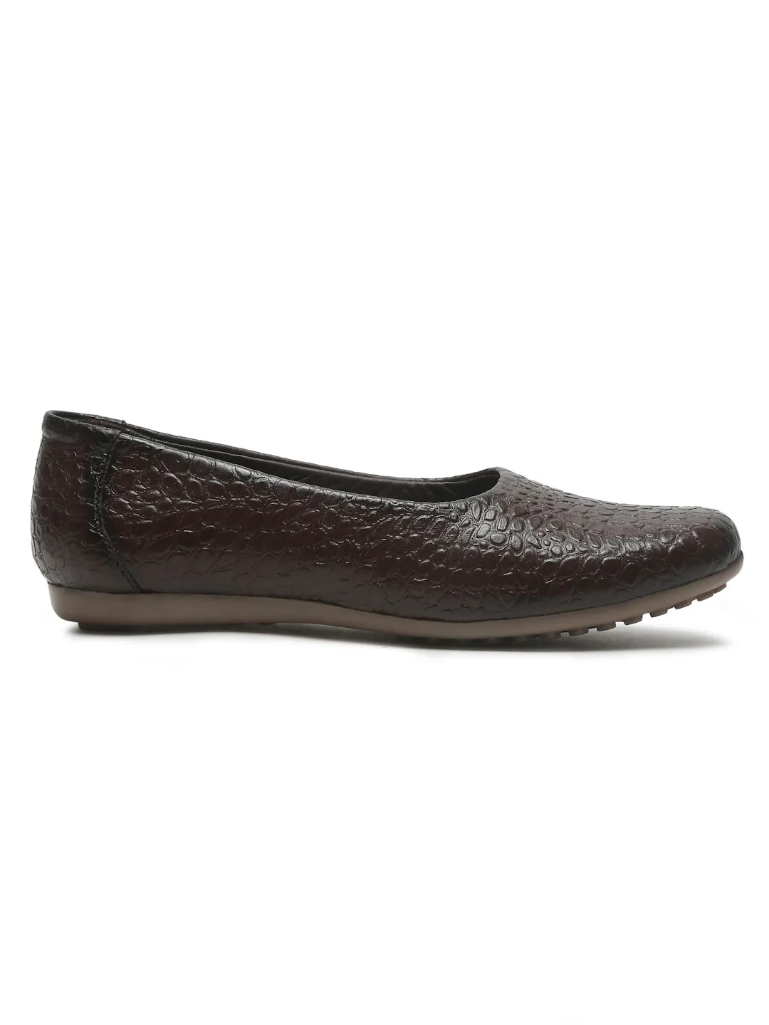 Women's DarkBrown Croco Texture Leather Ballet Flat Shoes