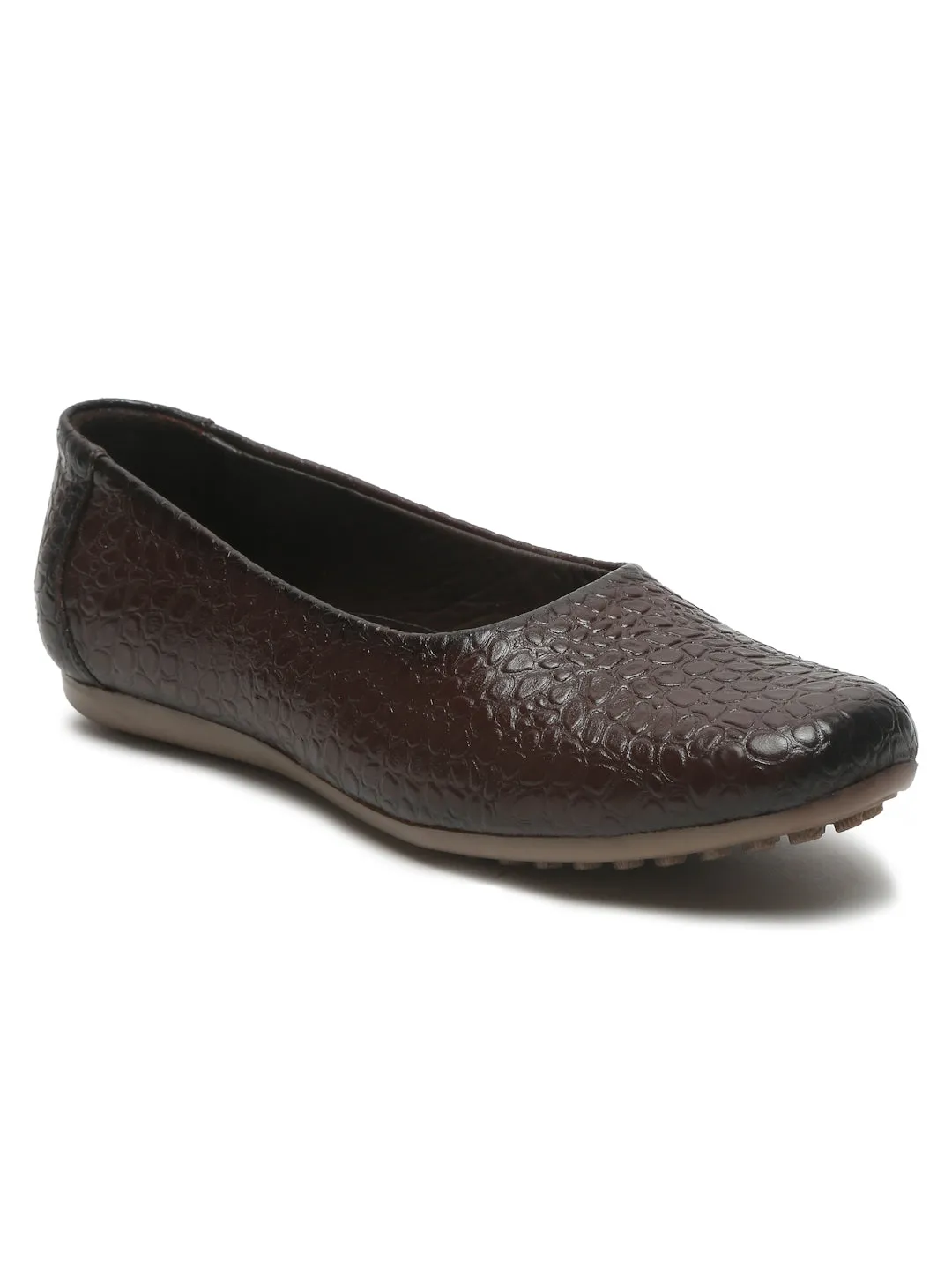 Women's DarkBrown Croco Texture Leather Ballet Flat Shoes