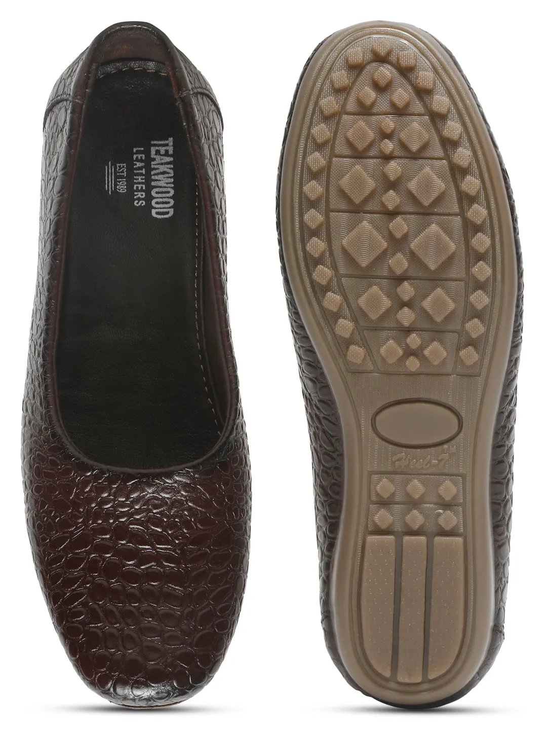 Women's DarkBrown Croco Texture Leather Ballet Flat Shoes