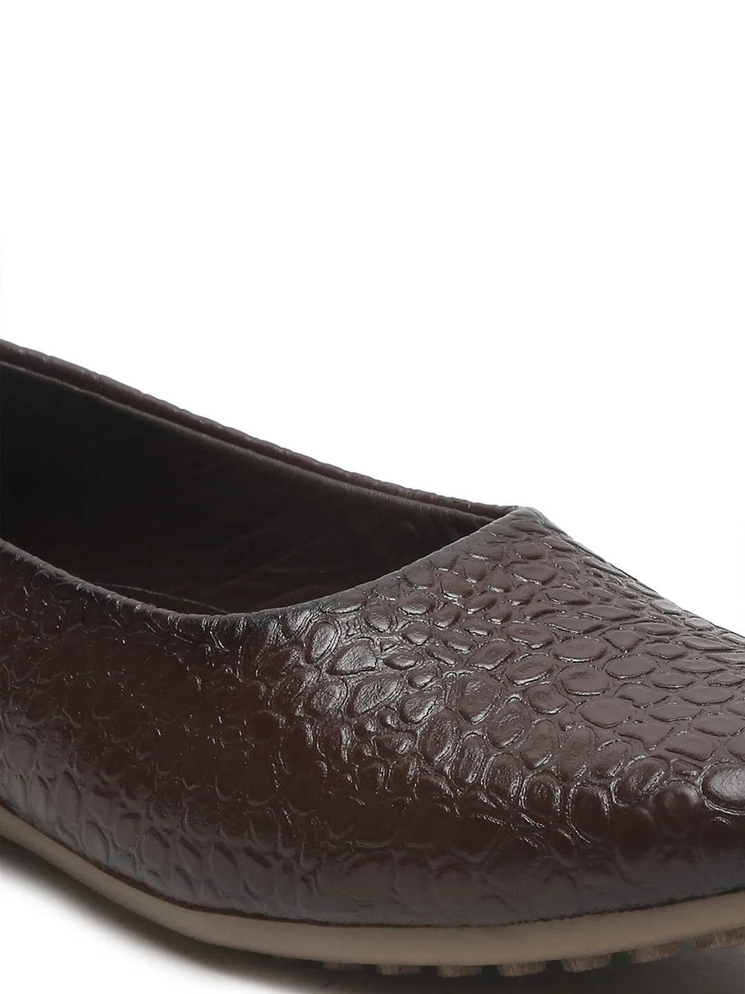 Women's DarkBrown Croco Texture Leather Ballet Flat Shoes