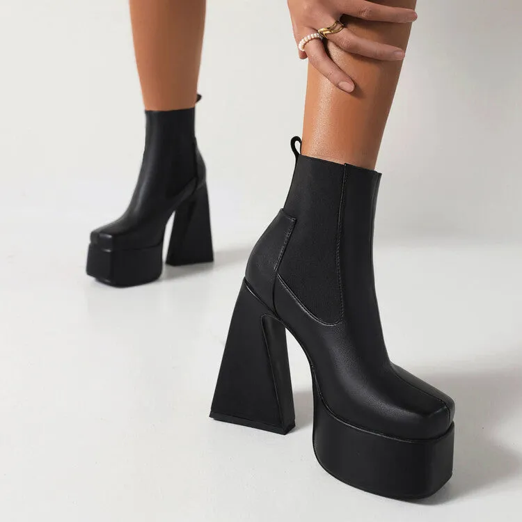 Women's Glossy Square Toe Stretch Block Chunky Heel Platform Ankle Boots