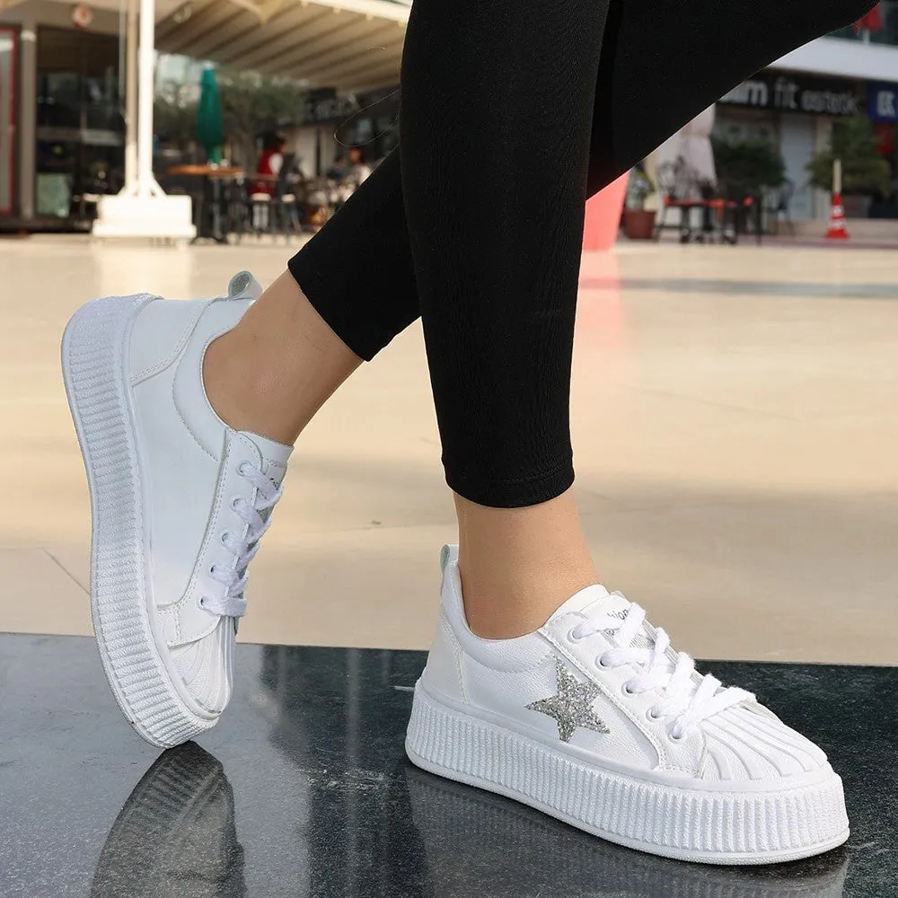 Women's Piata White Leather Laced Sports Shoes