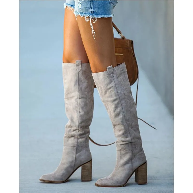 Women's suede square heeled knee high boots fashion stacked heel boots