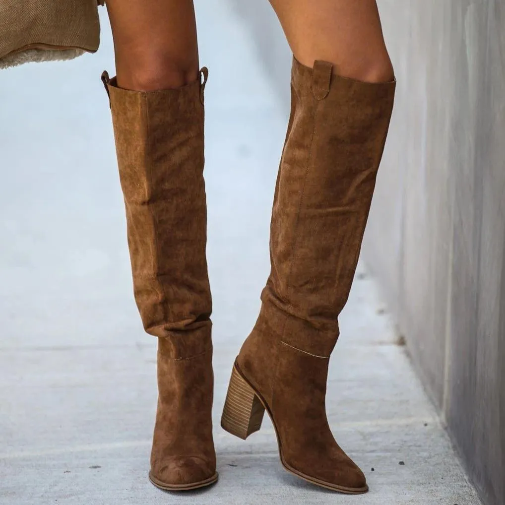 Women's suede square heeled knee high boots fashion stacked heel boots