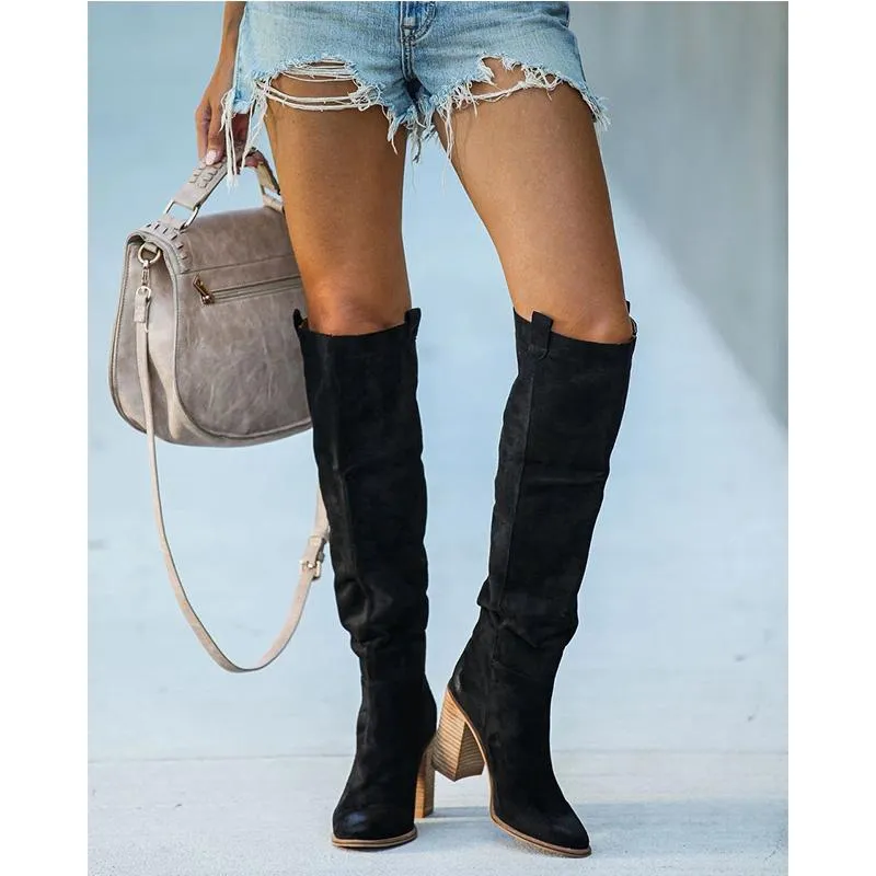 Women's suede square heeled knee high boots fashion stacked heel boots