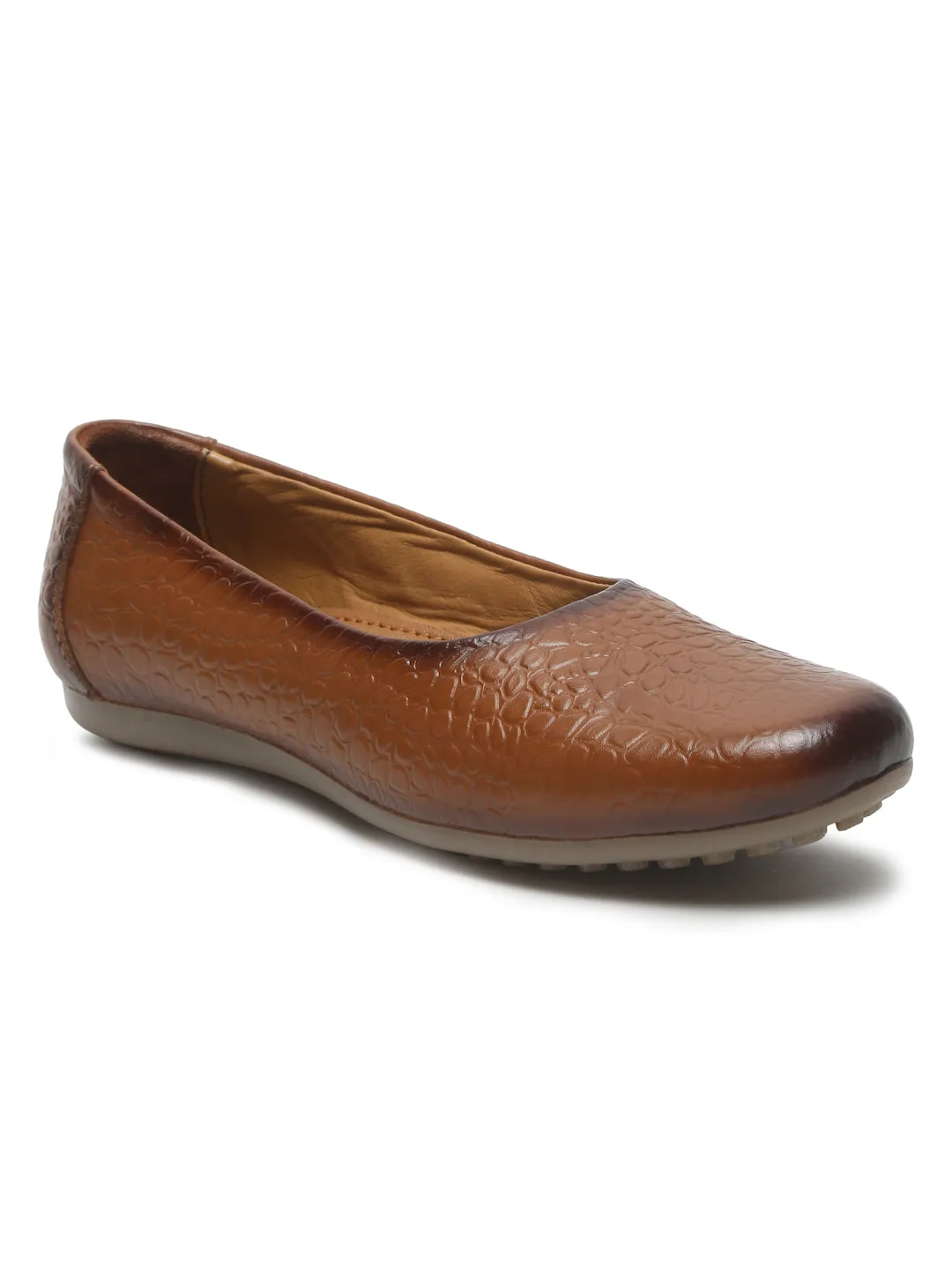 Women's Tan Croco Texture Leather Ballet Flat Shoes