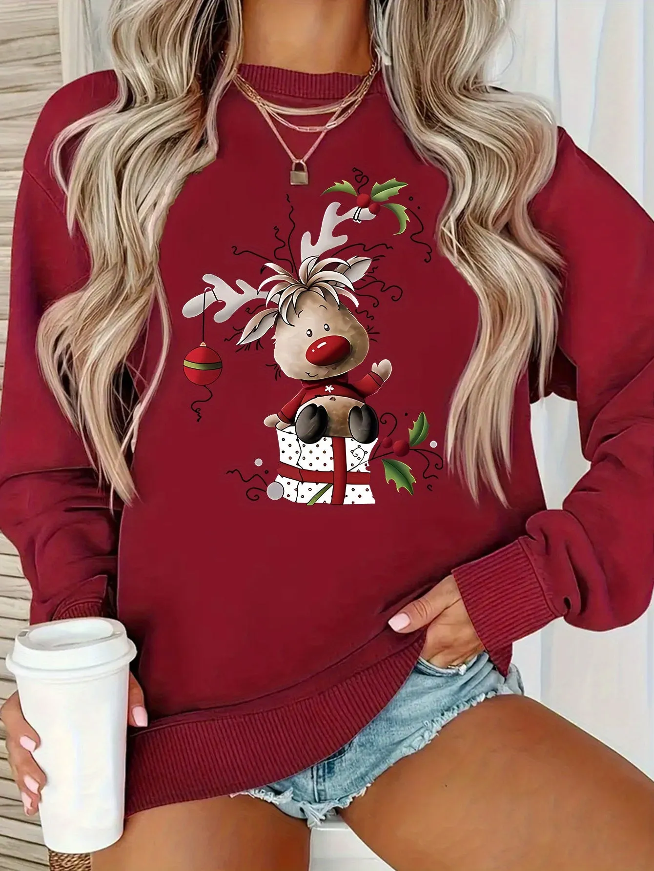 Y2K Style - Cartoon Christmas Reindeer Pattern Women's Round Neck Pullover Casual Sports Long-sleeved Plush Lined Sweater Pullover Top