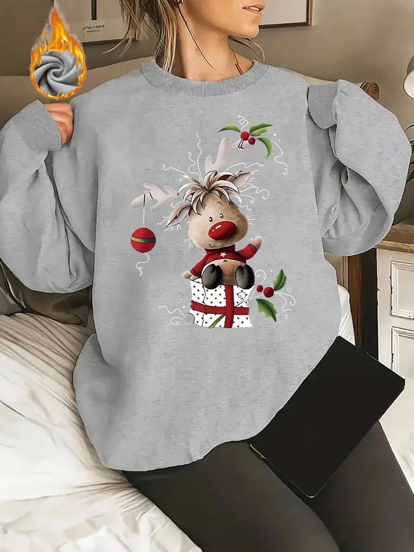 Y2K Style - Cartoon Christmas Reindeer Pattern Women's Round Neck Pullover Casual Sports Long-sleeved Plush Lined Sweater Pullover Top