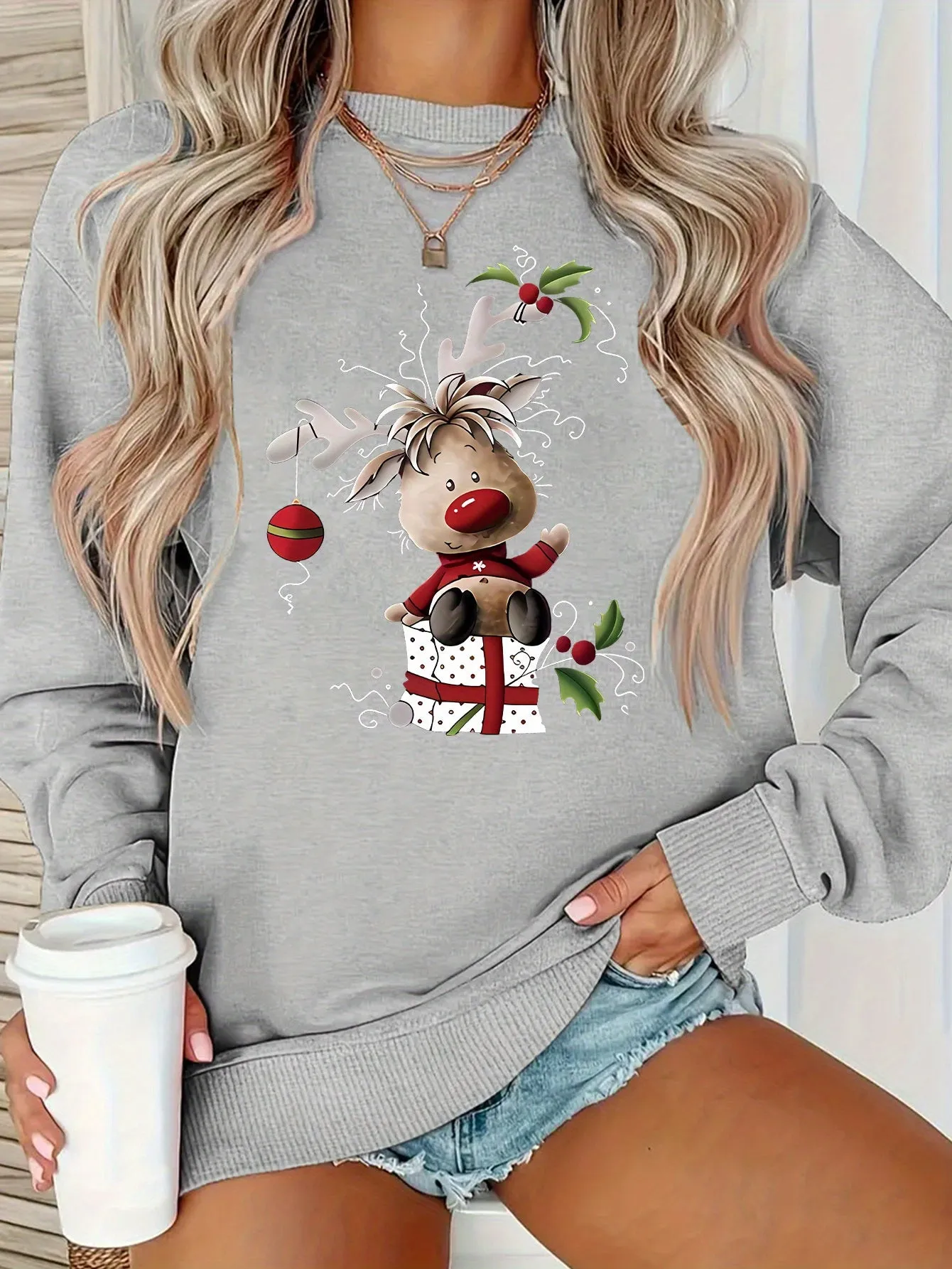 Y2K Style - Cartoon Christmas Reindeer Pattern Women's Round Neck Pullover Casual Sports Long-sleeved Plush Lined Sweater Pullover Top