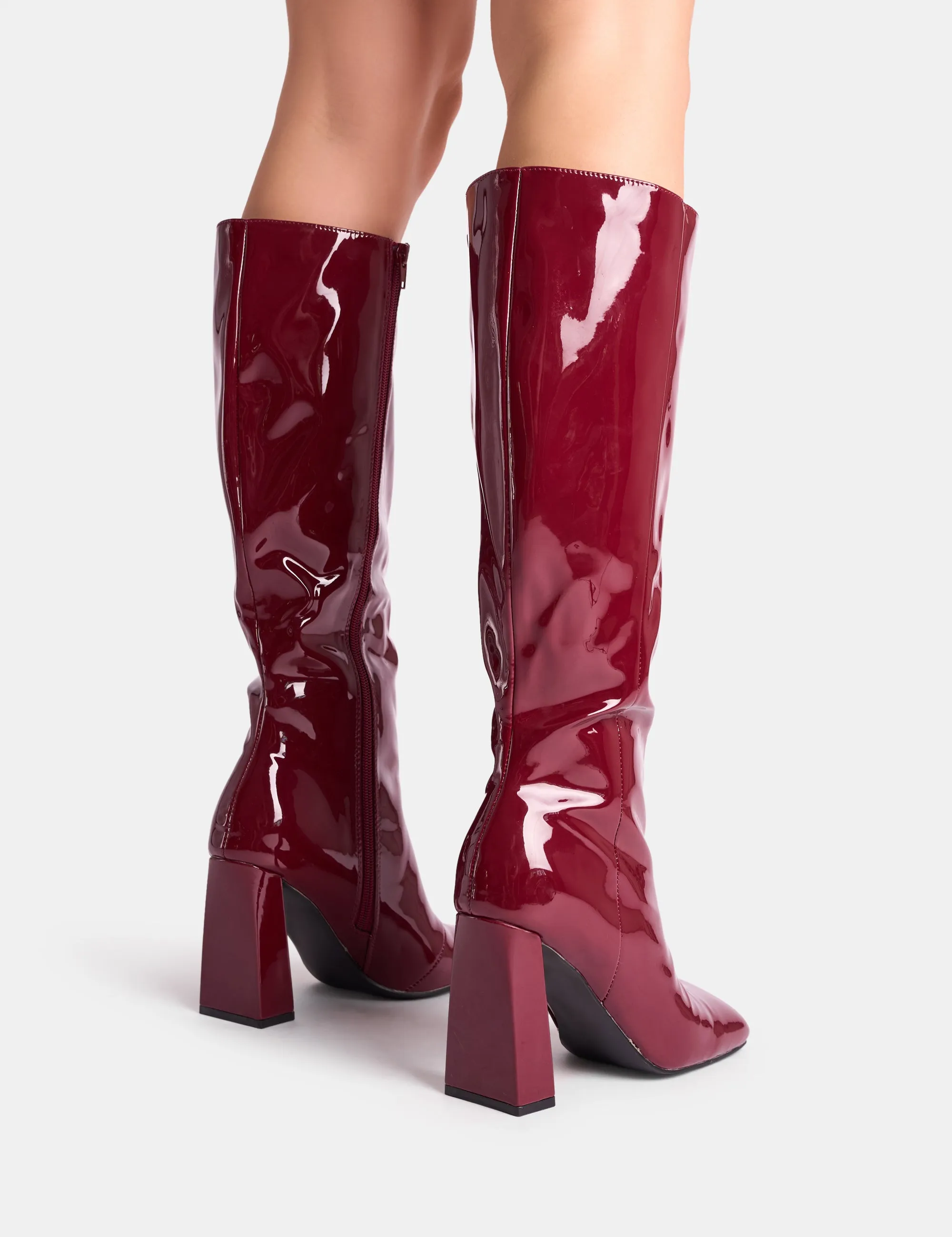 Zoya Burgundy Patent Slant Toe Block Heel Knee High Sock Boots